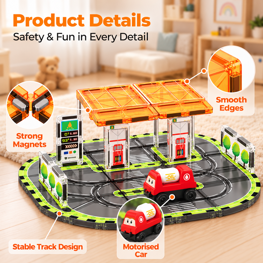 Magnetic Tiles Petrol Station Track – 30-Piece Set with Motorised Tanker Truck (BLK3079)