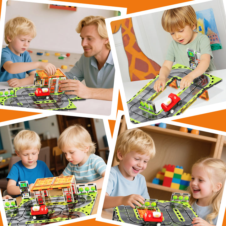 Magnetic Tiles Petrol Station Track – 30-Piece Set with Motorised Tanker Truck (BLK3079)