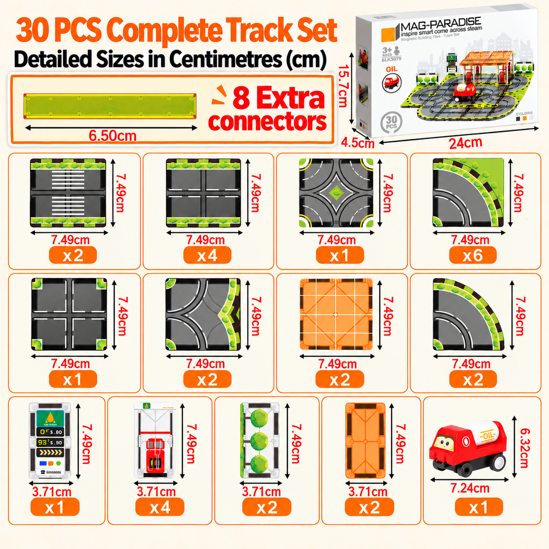 Magnetic Tiles Petrol Station Track – 30-Piece Set with Motorised Tanker Truck (BLK3079)