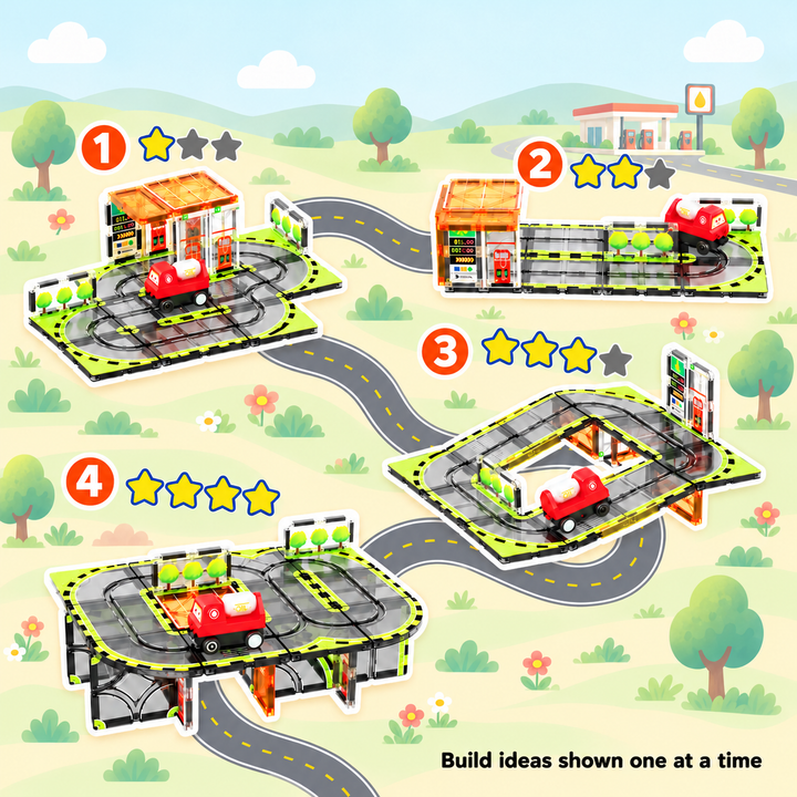 Magnetic Tiles Petrol Station Track – 30-Piece Set with Motorised Tanker Truck (BLK3079)
