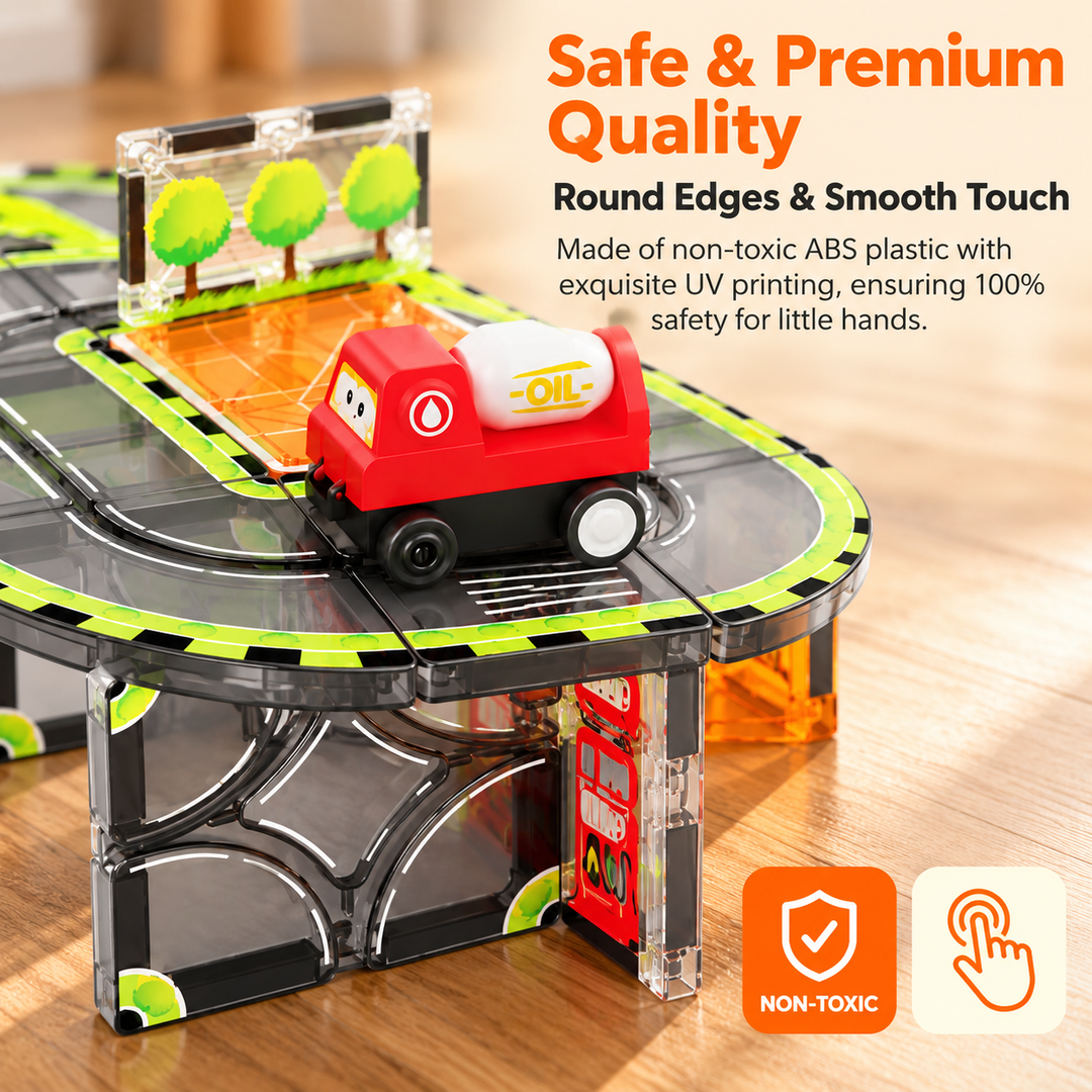 Magnetic Tiles Petrol Station Track – 30-Piece Set with Motorised Tanker Truck (BLK3079)