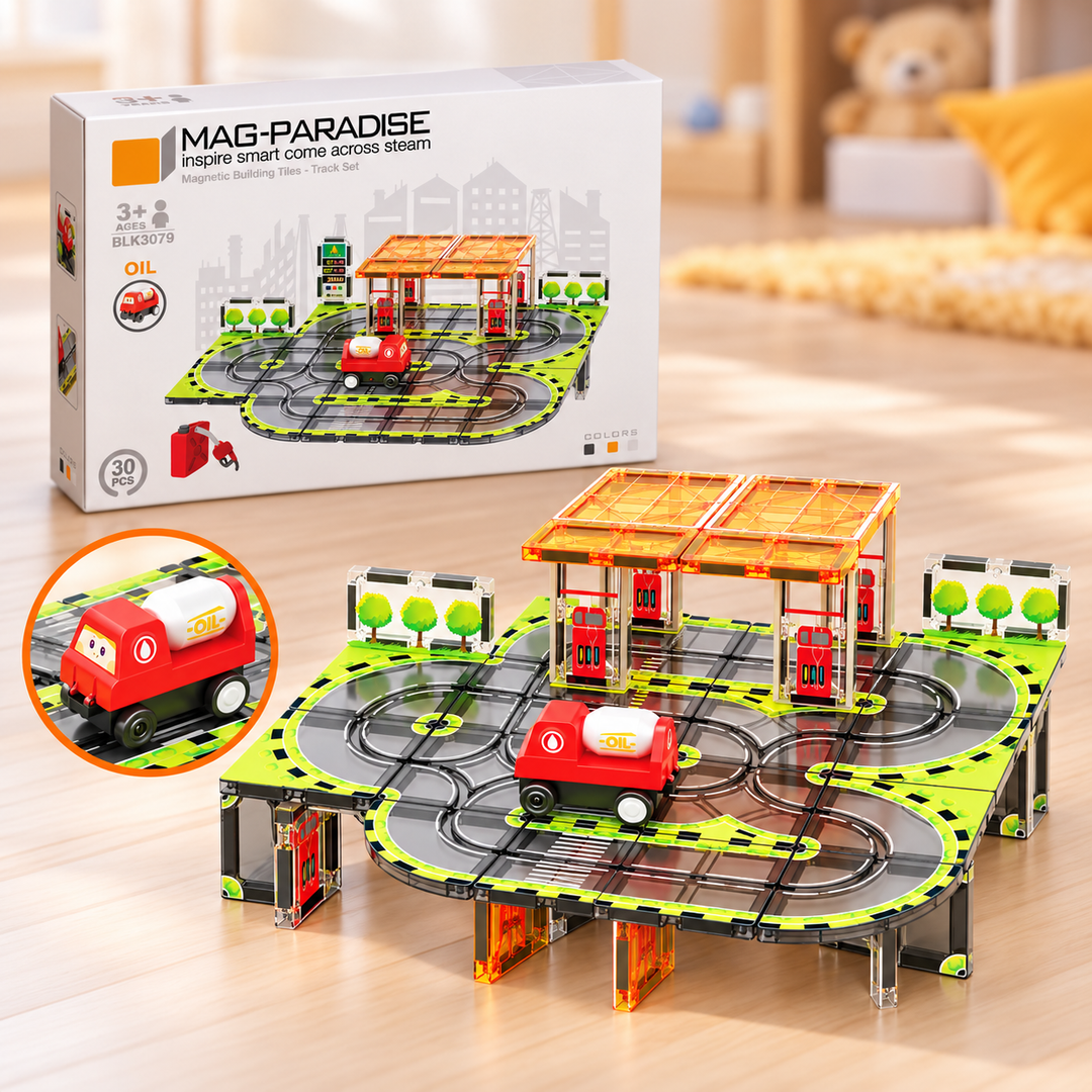 Magnetic Tiles Petrol Station Track – 30-Piece Set with Motorised Tanker Truck (BLK3079)