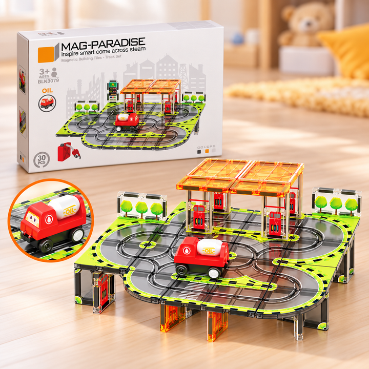 Magnetic Tiles Petrol Station Track – 30-Piece Set with Motorised Tanker Truck (BLK3079)