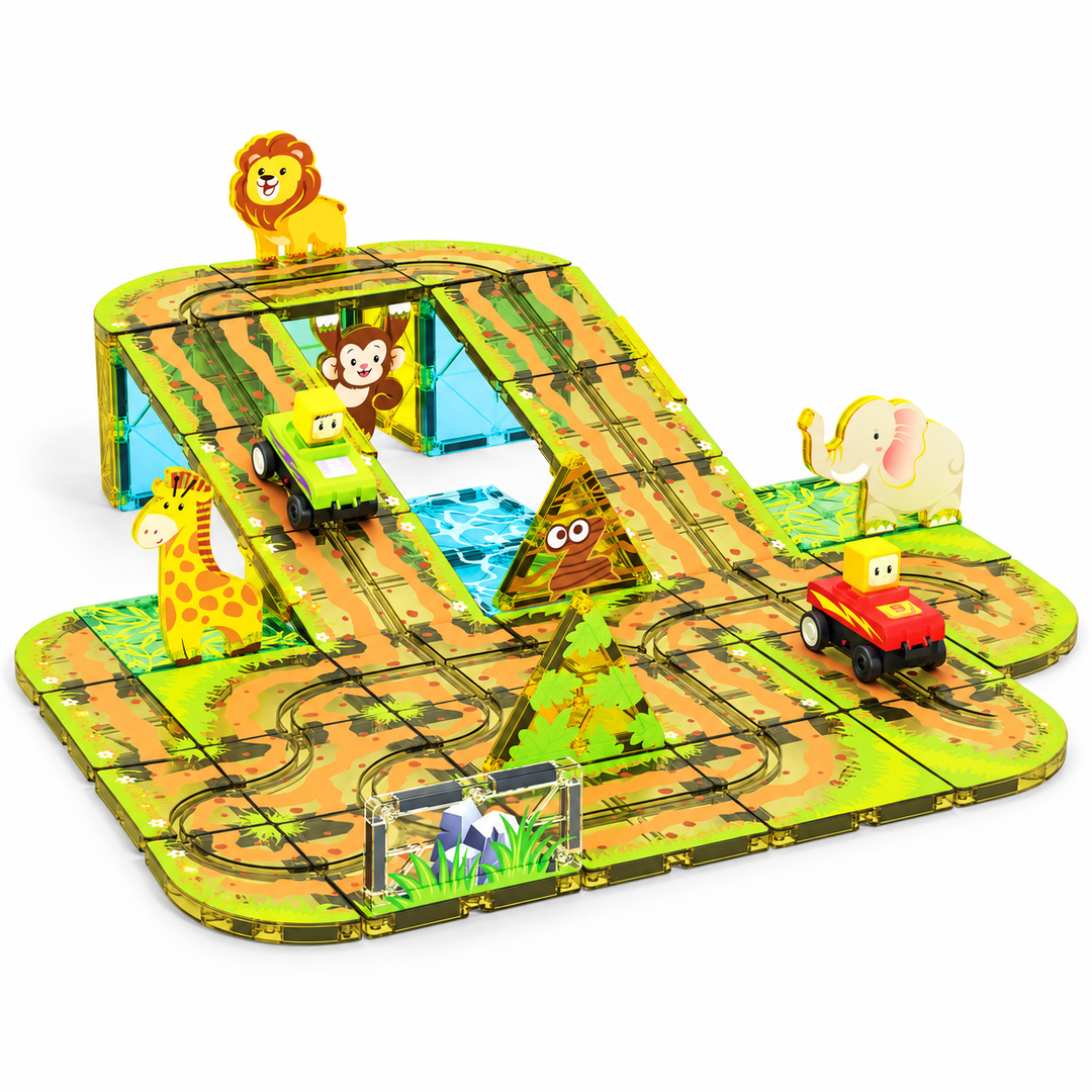 Magnetic Tiles Animal Track – 45-Piece Set with 2 Motorised Cars (BLK3080)