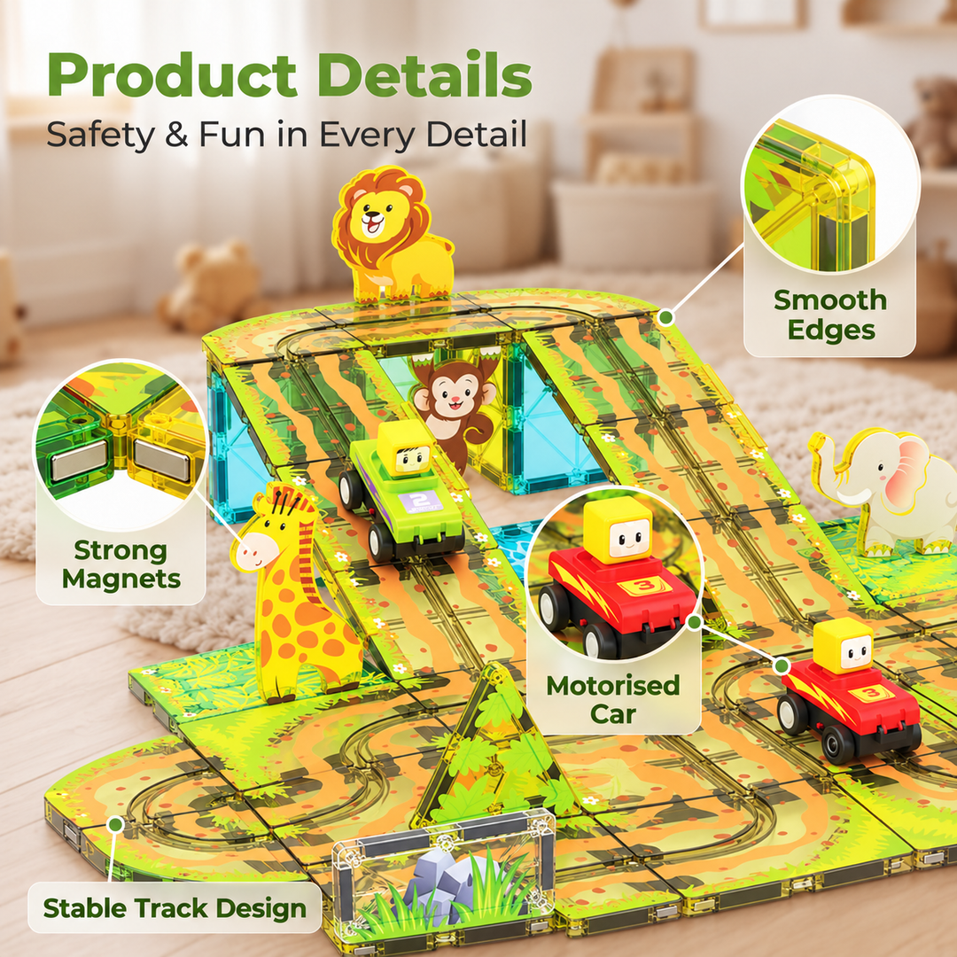 Magnetic Tiles Animal Track – 45-Piece Set with 2 Motorised Cars (BLK3080)