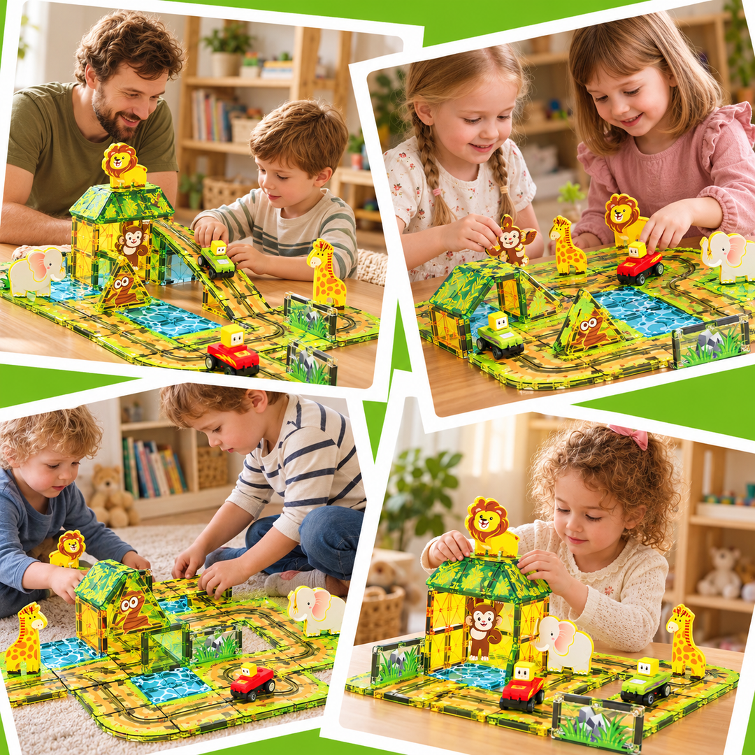 Magnetic Tiles Animal Track – 45-Piece Set with 2 Motorised Cars (BLK3080)