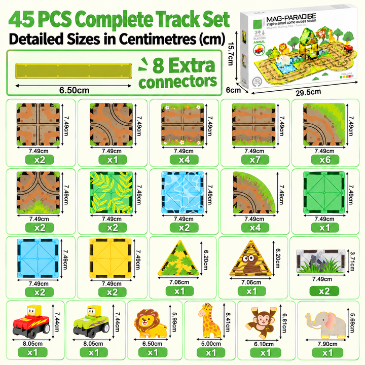 Magnetic Tiles Animal Track – 45-Piece Set with 2 Motorised Cars (BLK3080)