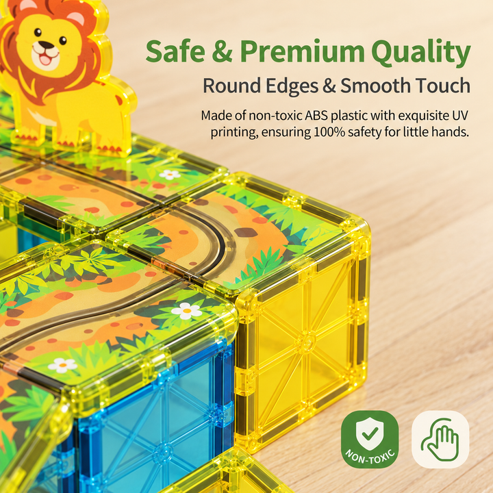 Magnetic Tiles Animal Track – 45-Piece Set with 2 Motorised Cars (BLK3080)