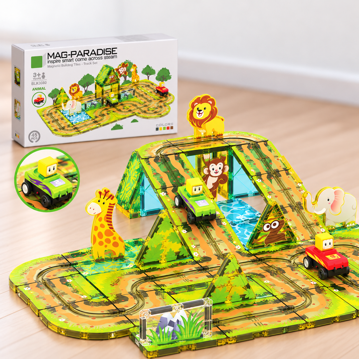 Magnetic Tiles Animal Track – 45-Piece Set with 2 Motorised Cars (BLK3080)