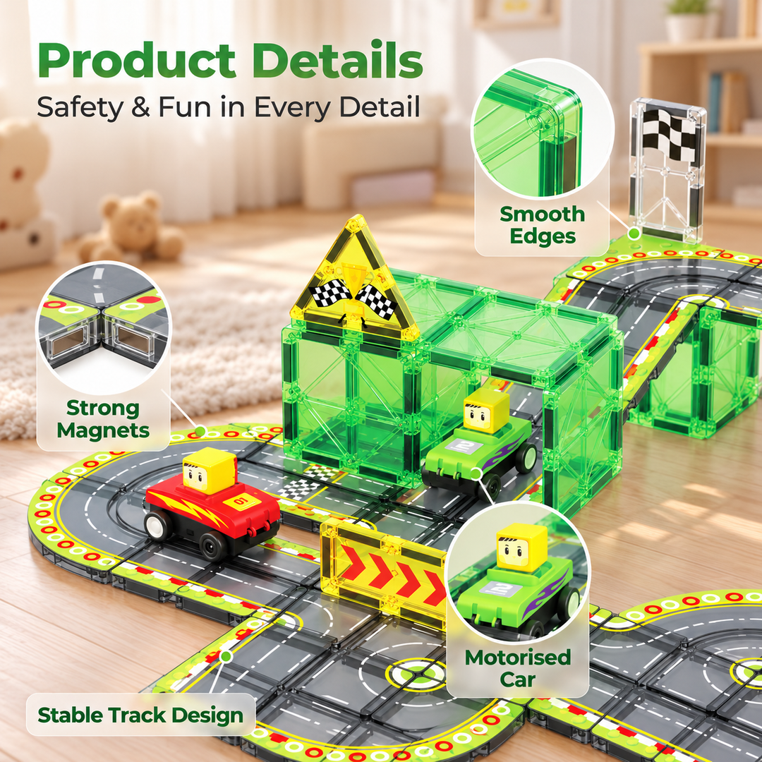 Magnetic Tiles Race Track – 45-Piece Set with 2 Motorised Cars (BLK3082)