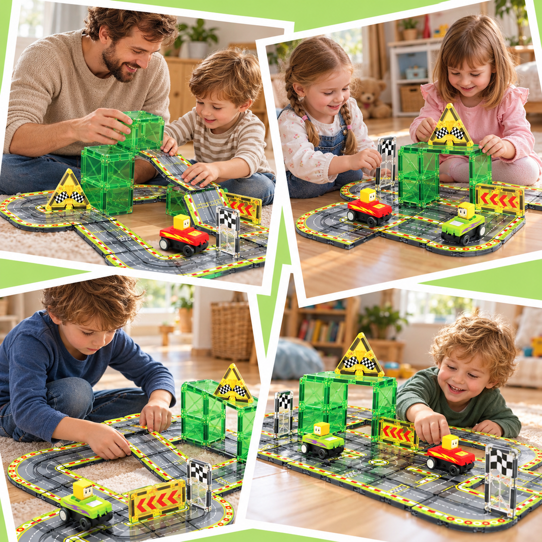 Magnetic Tiles Race Track – 45-Piece Set with 2 Motorised Cars (BLK3082)