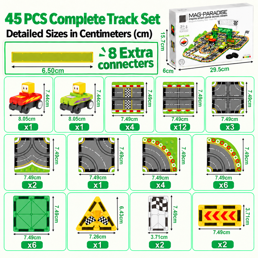 Magnetic Tiles Race Track – 45-Piece Set with 2 Motorised Cars (BLK3082)