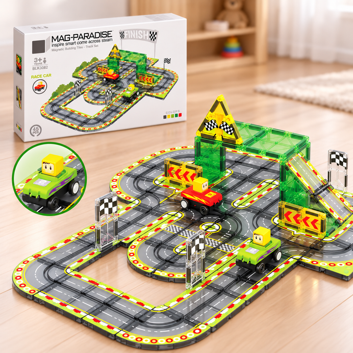 Magnetic Tiles Race Track – 45-Piece Set with 2 Motorised Cars (BLK3082)