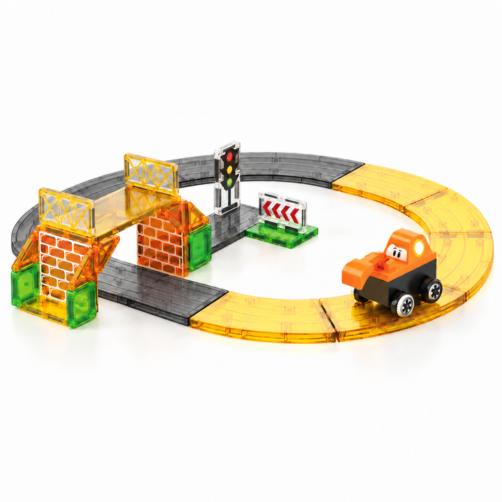 Magnetic Tiles Construction Track – 40-Piece Set with Random Construction Vehicle (BLK3090)