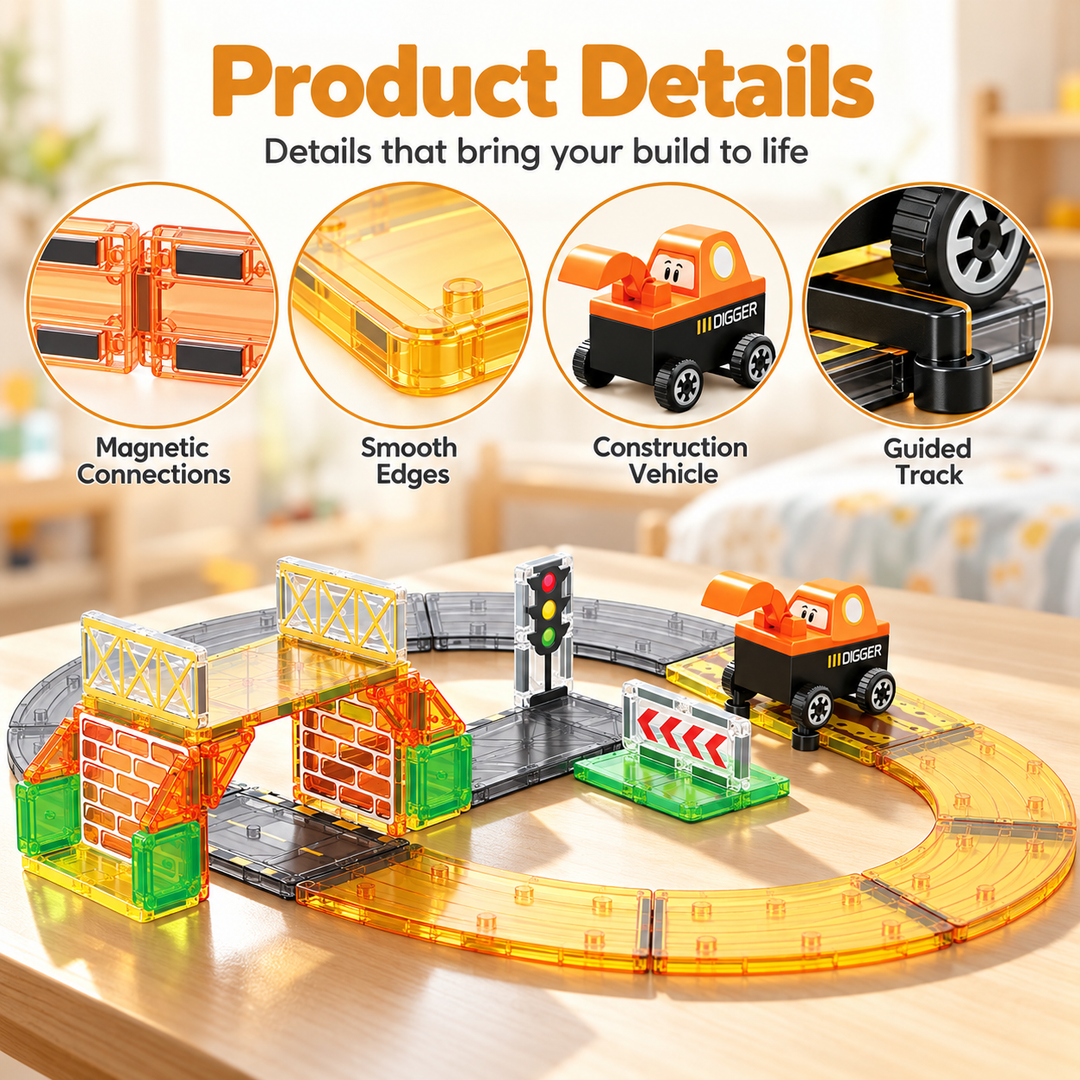 Magnetic Tiles Construction Track – 40-Piece Set with Random Construction Vehicle (BLK3090)