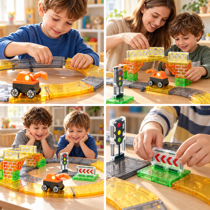 Magnetic Tiles Construction Track – 40-Piece Set with Random Construction Vehicle (BLK3090)