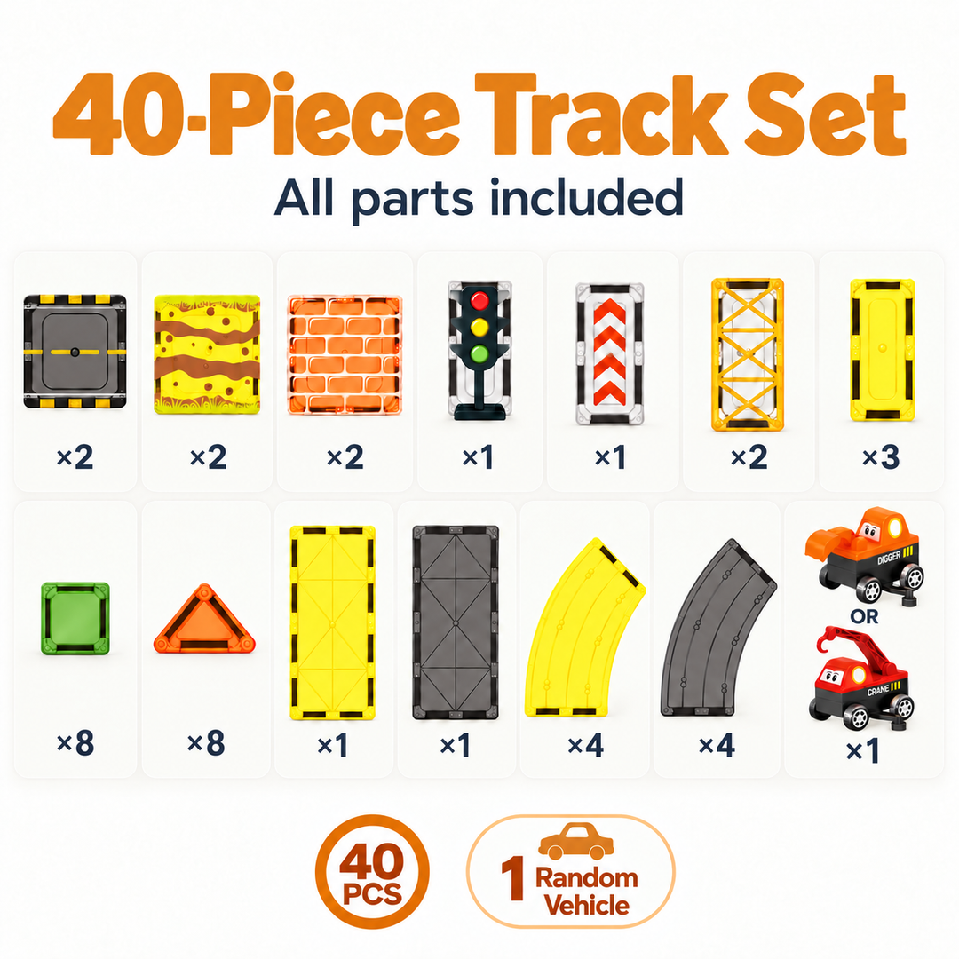 Magnetic Tiles Construction Track – 40-Piece Set with Random Construction Vehicle (BLK3090)