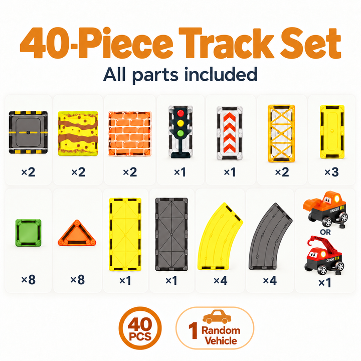 Magnetic Tiles Construction Track – 40-Piece Set with Random Construction Vehicle (BLK3090)