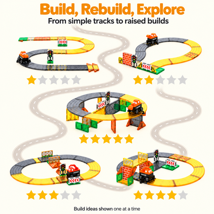 Magnetic Tiles Construction Track – 40-Piece Set with Random Construction Vehicle (BLK3090)
