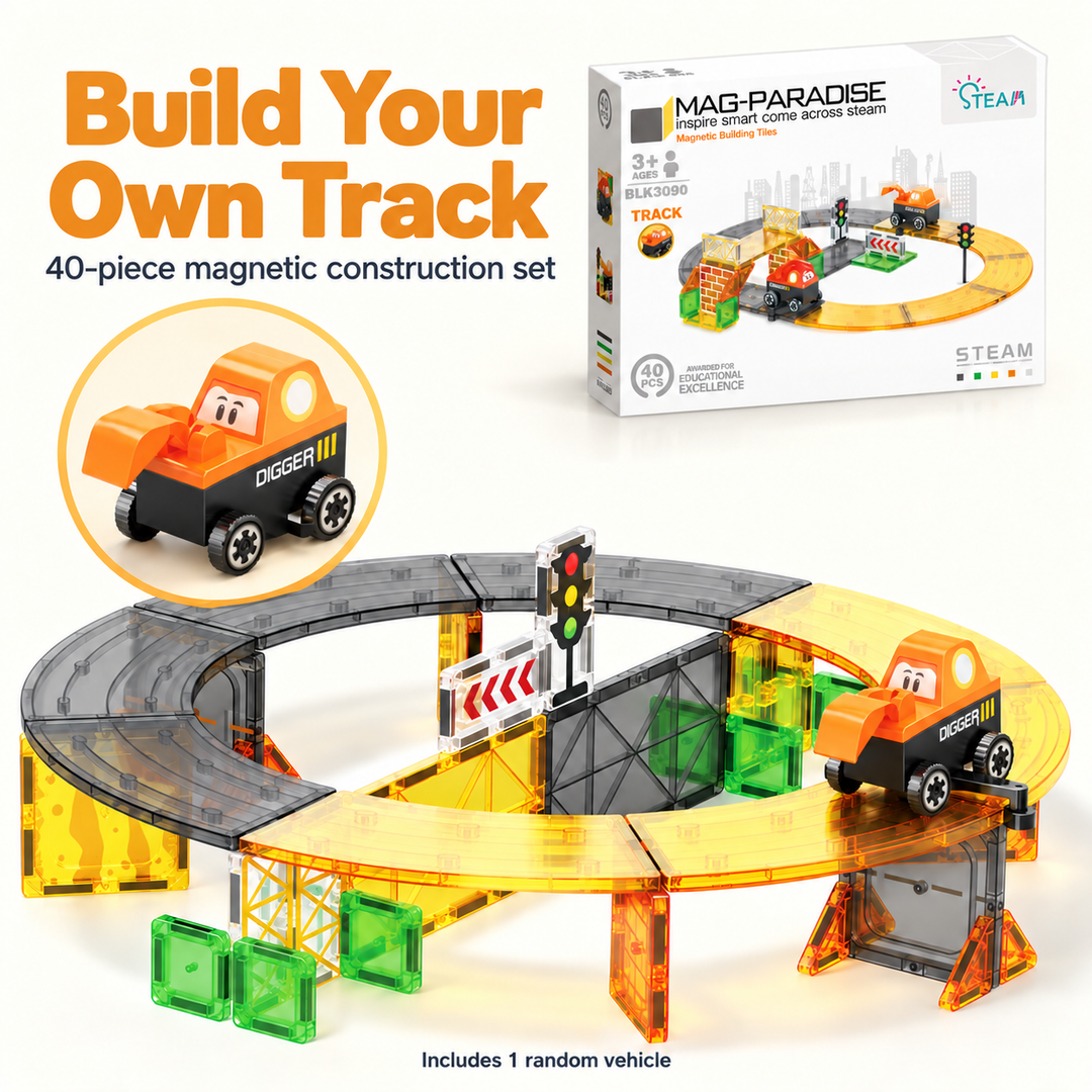 Magnetic Tiles Construction Track – 40-Piece Set with Random Construction Vehicle (BLK3090)