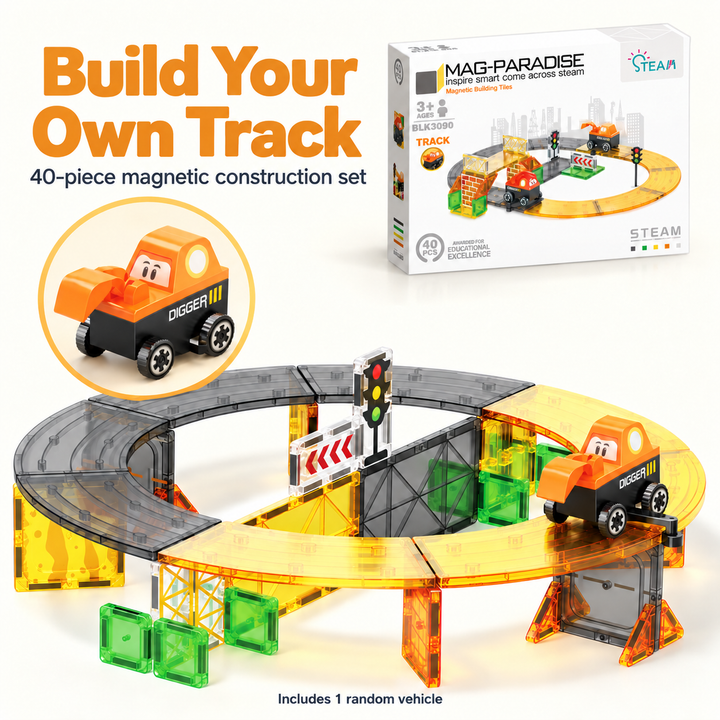 Magnetic Tiles Construction Track – 40-Piece Set with Random Construction Vehicle (BLK3090)