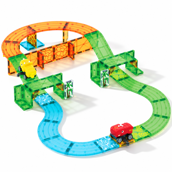 Magnetic Tiles Dinosaur Track – 60-Piece Set with 2 Dinosaur Vehicles (BLK3091)