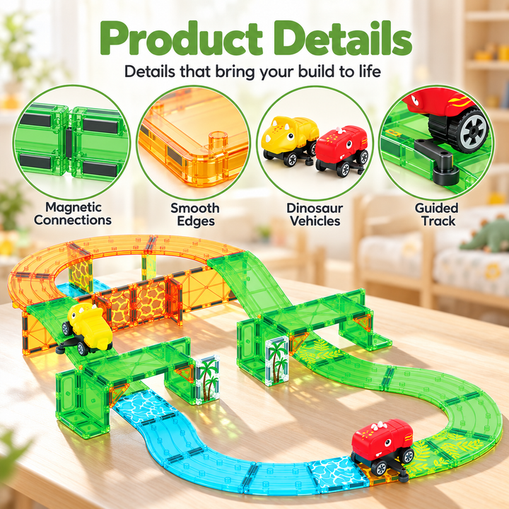 Magnetic Tiles Dinosaur Track – 60-Piece Set with 2 Dinosaur Vehicles (BLK3091)