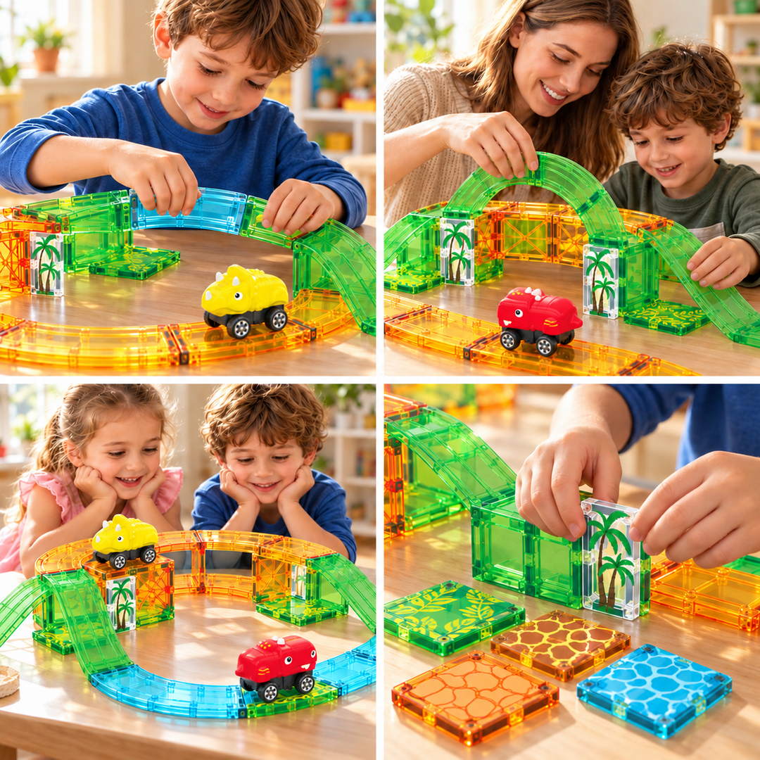 Magnetic Tiles Dinosaur Track – 60-Piece Set with 2 Dinosaur Vehicles (BLK3091)