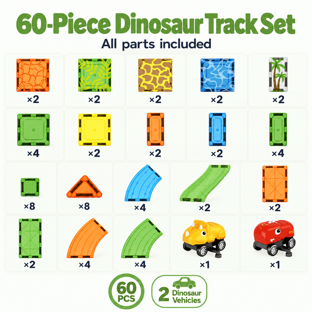 Magnetic Tiles Dinosaur Track – 60-Piece Set with 2 Dinosaur Vehicles (BLK3091)