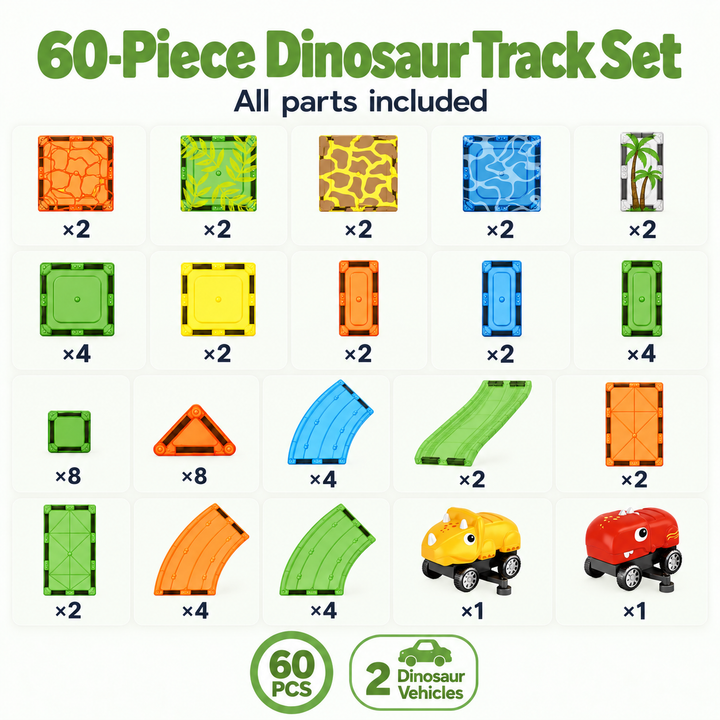 Magnetic Tiles Dinosaur Track – 60-Piece Set with 2 Dinosaur Vehicles (BLK3091)