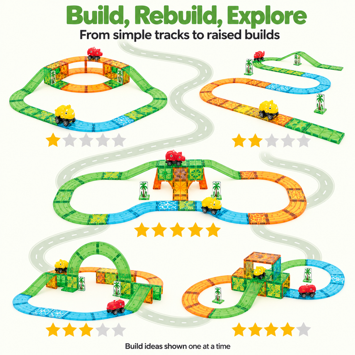 Magnetic Tiles Dinosaur Track – 60-Piece Set with 2 Dinosaur Vehicles (BLK3091)
