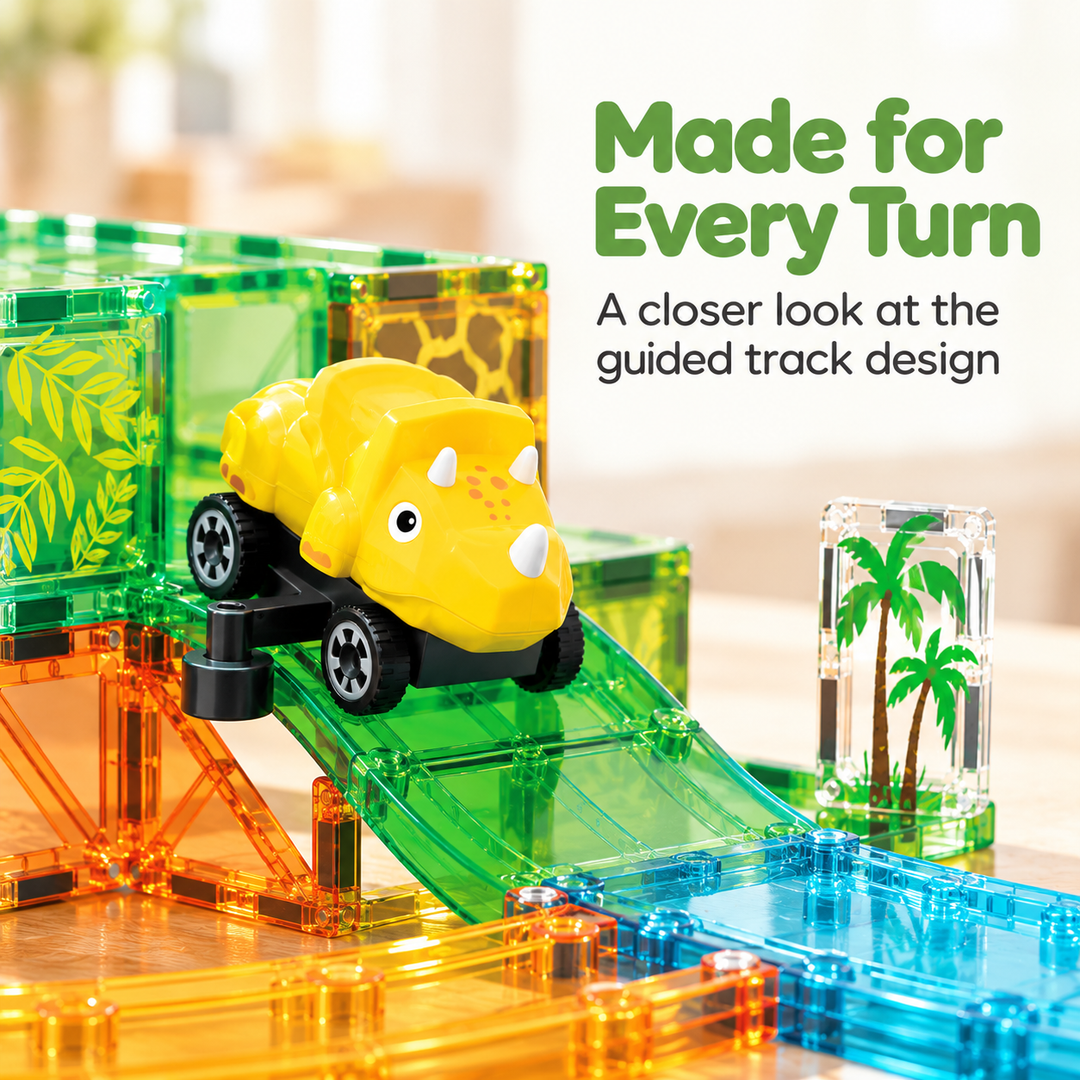 Magnetic Tiles Dinosaur Track – 60-Piece Set with 2 Dinosaur Vehicles (BLK3091)