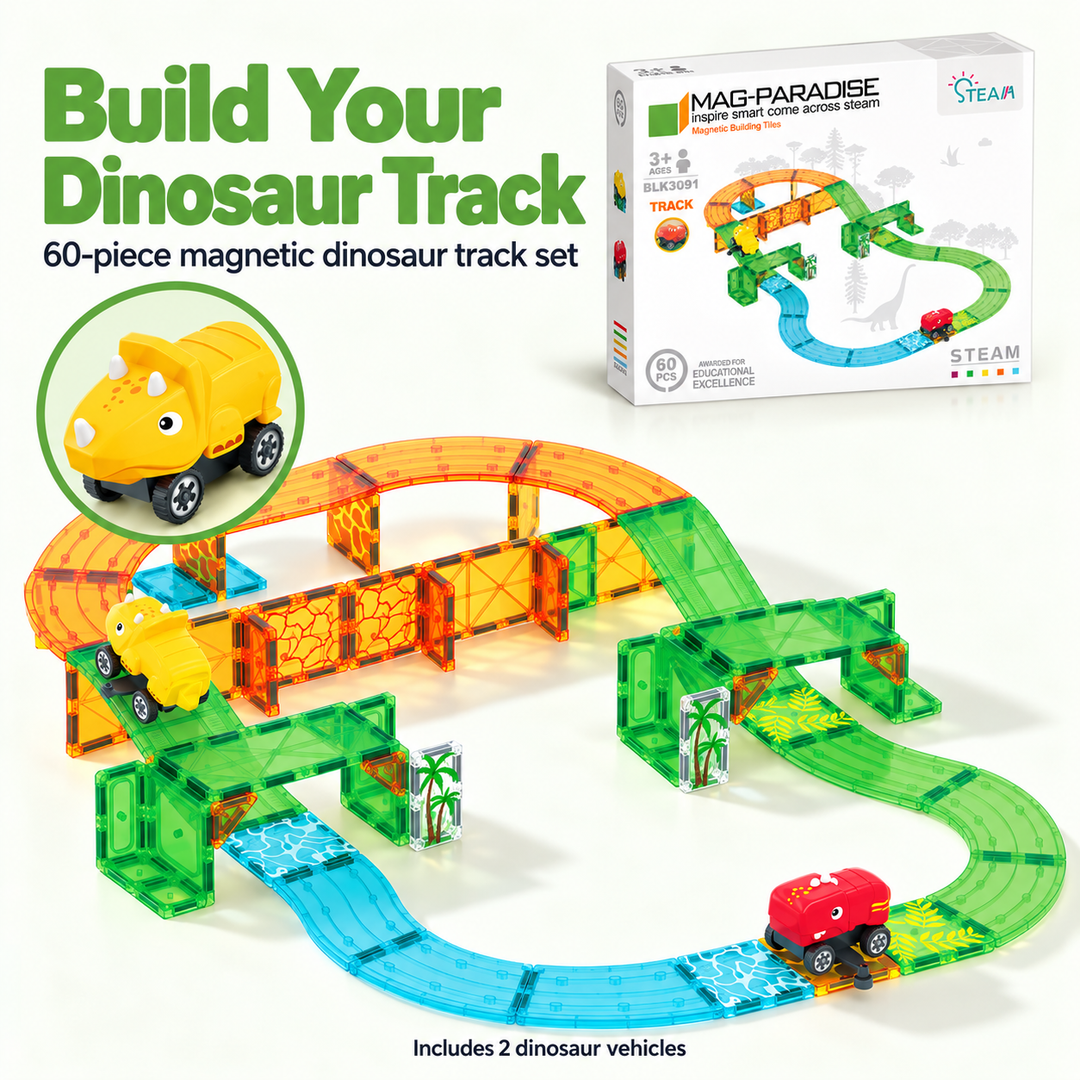 Magnetic Tiles Dinosaur Track – 60-Piece Set with 2 Dinosaur Vehicles (BLK3091)