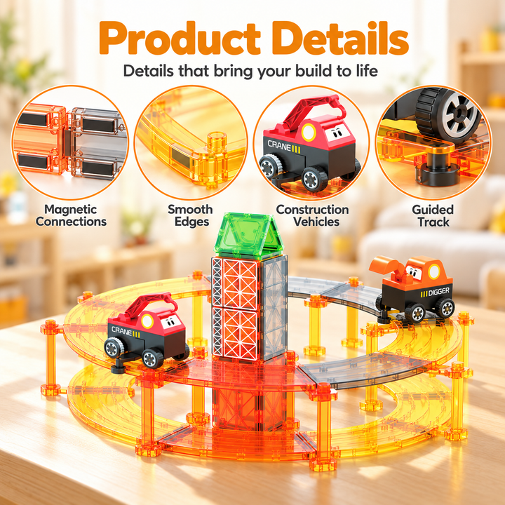 Magnetic Tiles Construction Track – 100-Piece Set with Crane & Digger (BLK3092)