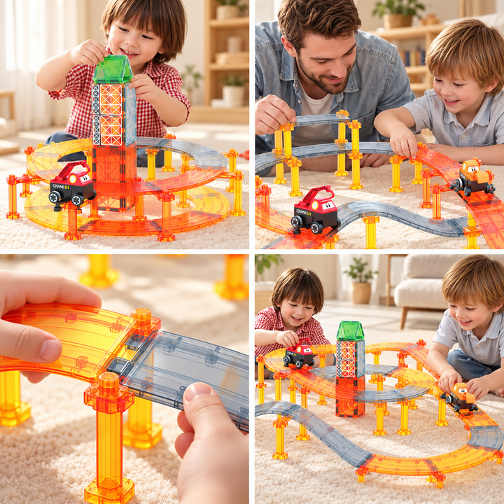 Magnetic Tiles Construction Track – 100-Piece Set with Crane & Digger (BLK3092)