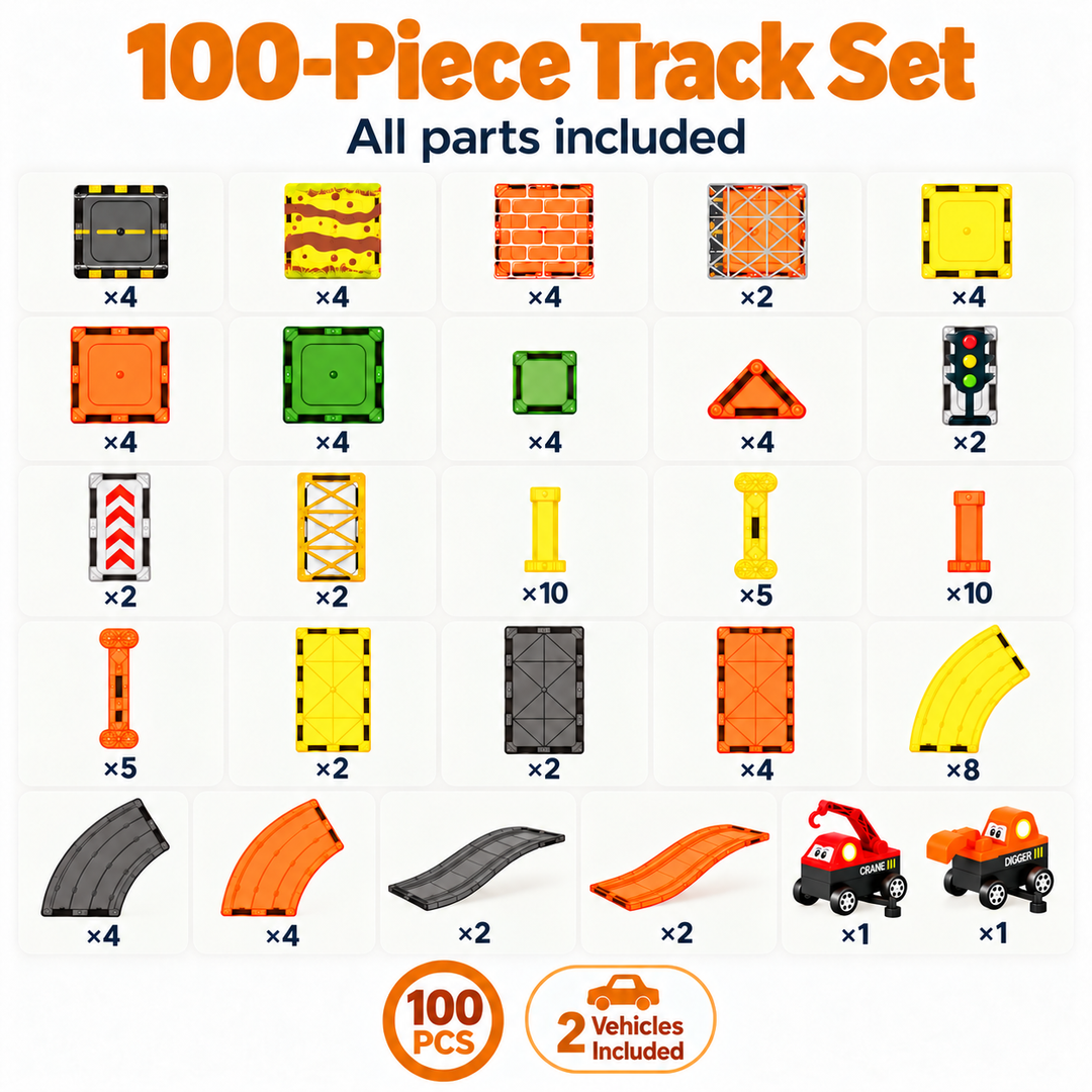 Magnetic Tiles Construction Track – 100-Piece Set with Crane & Digger (BLK3092)