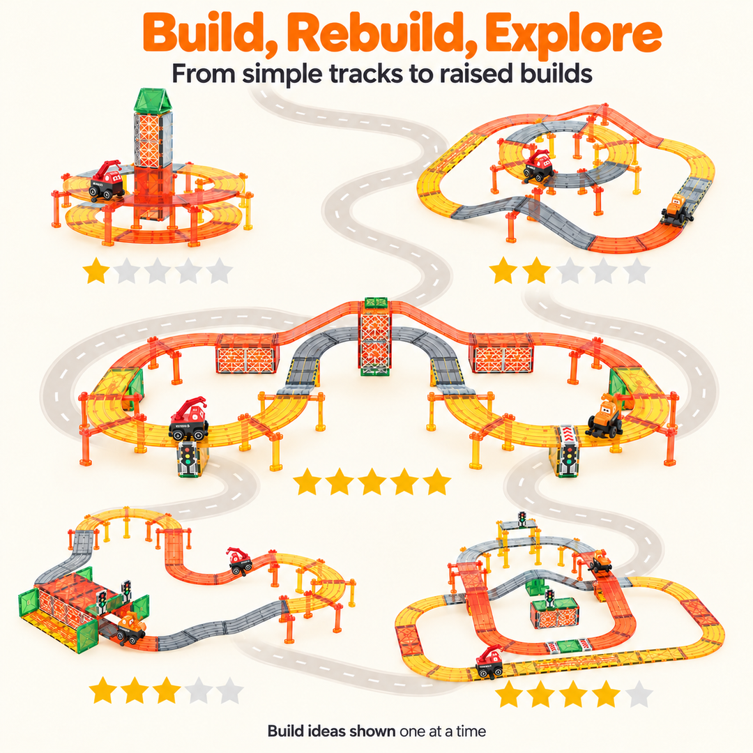 Magnetic Tiles Construction Track – 100-Piece Set with Crane & Digger (BLK3092)