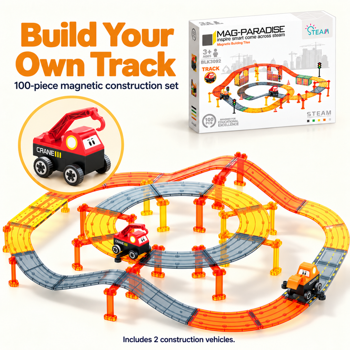 Magnetic Tiles Construction Track – 100-Piece Set with Crane & Digger (BLK3092)