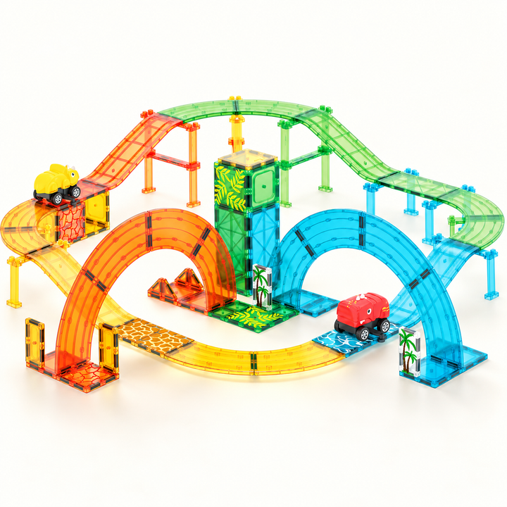 Magnetic Tiles Dinosaur Track – 102-Piece Set with 2 Dinosaur Vehicles (BLK3093)