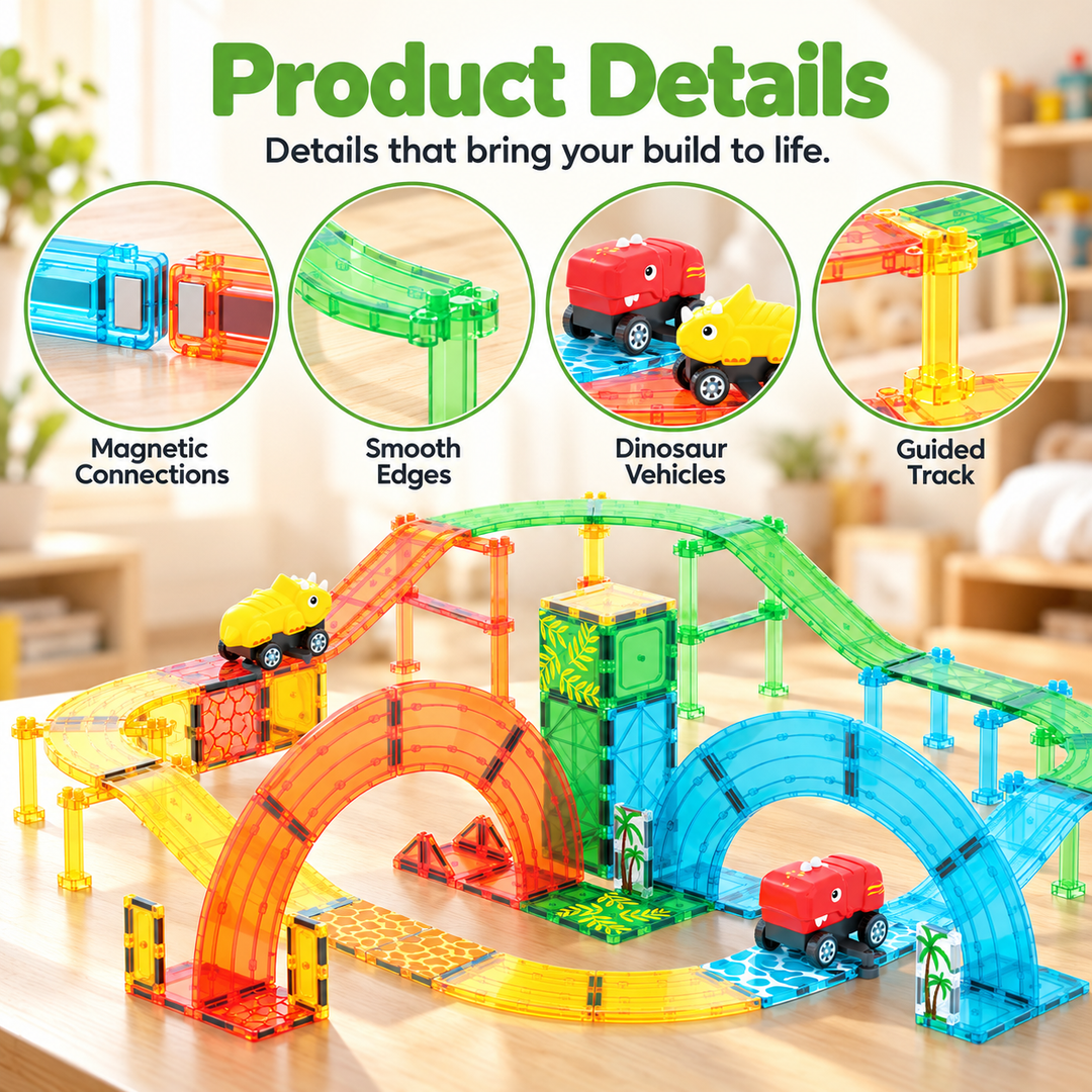 Magnetic Tiles Dinosaur Track – 102-Piece Set with 2 Dinosaur Vehicles (BLK3093)