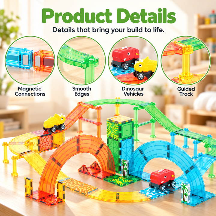 Magnetic Tiles Dinosaur Track – 102-Piece Set with 2 Dinosaur Vehicles (BLK3093)