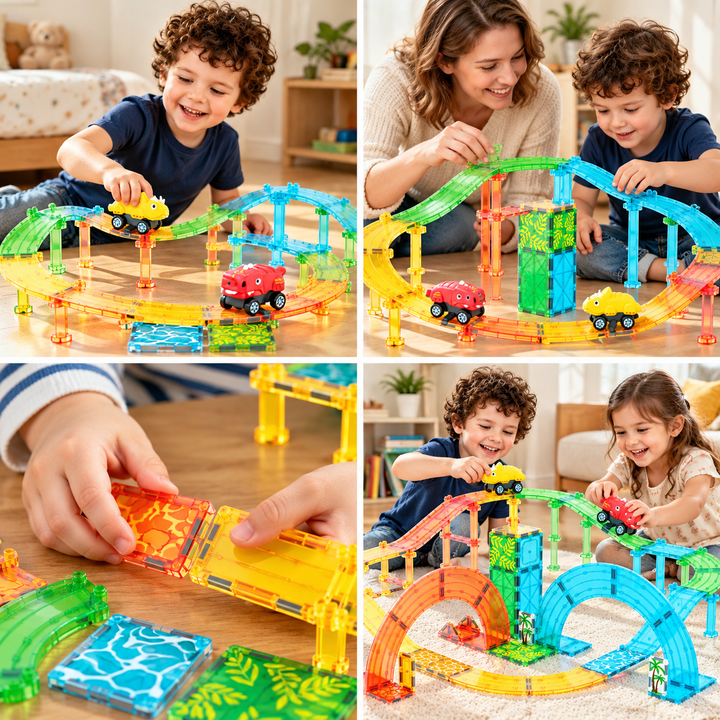 Magnetic Tiles Dinosaur Track – 102-Piece Set with 2 Dinosaur Vehicles (BLK3093)