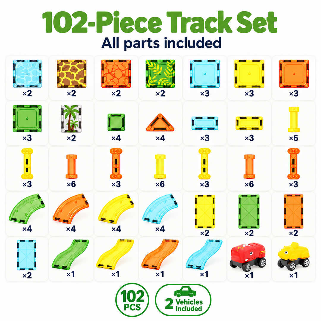 Magnetic Tiles Dinosaur Track – 102-Piece Set with 2 Dinosaur Vehicles (BLK3093)