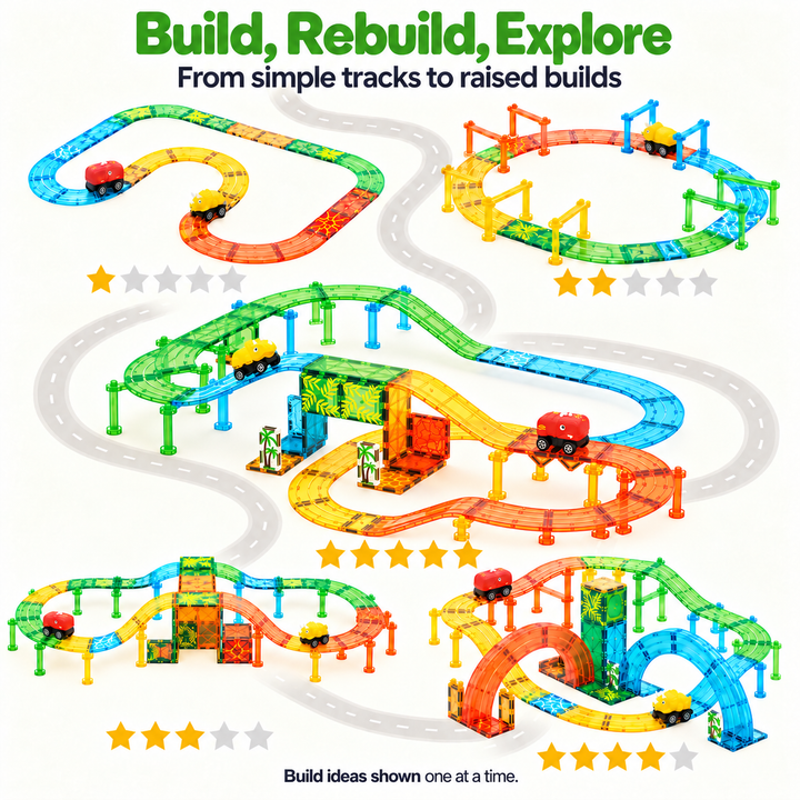 Magnetic Tiles Dinosaur Track – 102-Piece Set with 2 Dinosaur Vehicles (BLK3093)