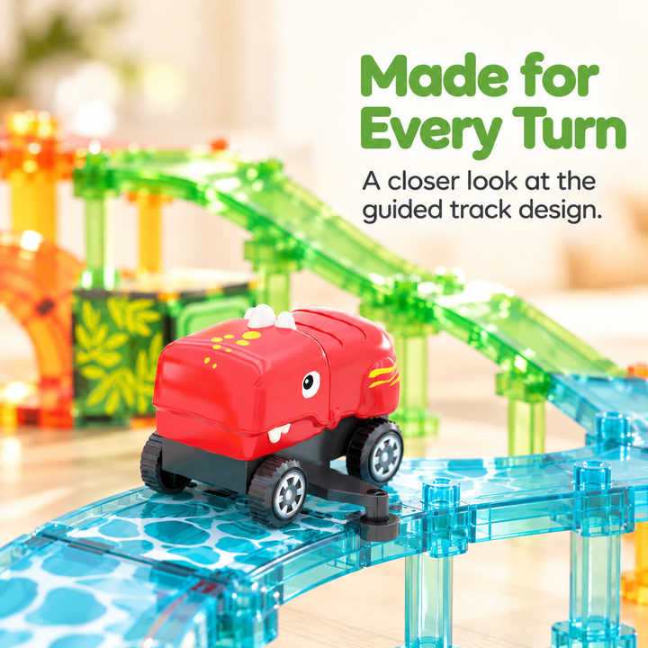 Magnetic Tiles Dinosaur Track – 102-Piece Set with 2 Dinosaur Vehicles (BLK3093)