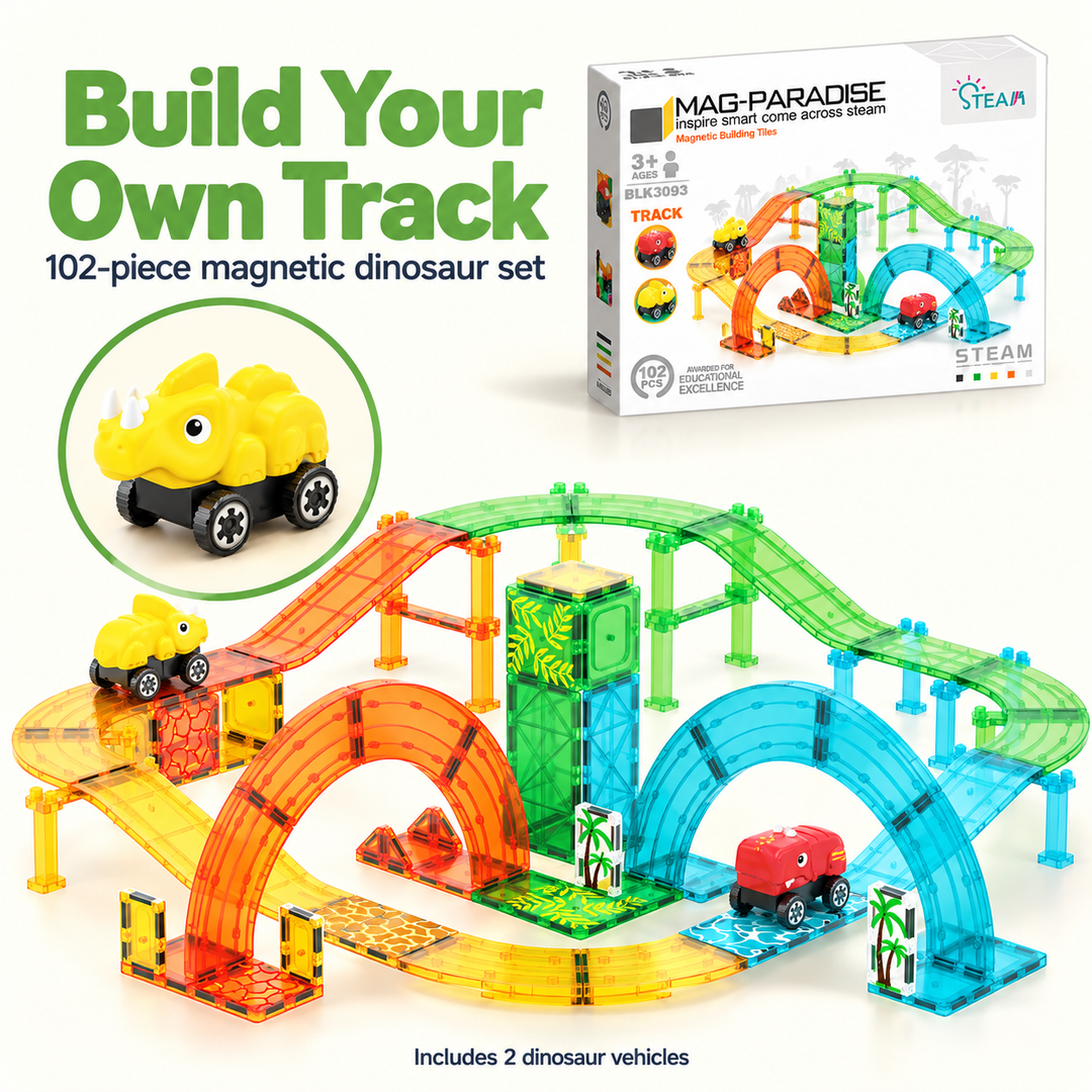 Magnetic Tiles Dinosaur Track – 102-Piece Set with 2 Dinosaur Vehicles (BLK3093)