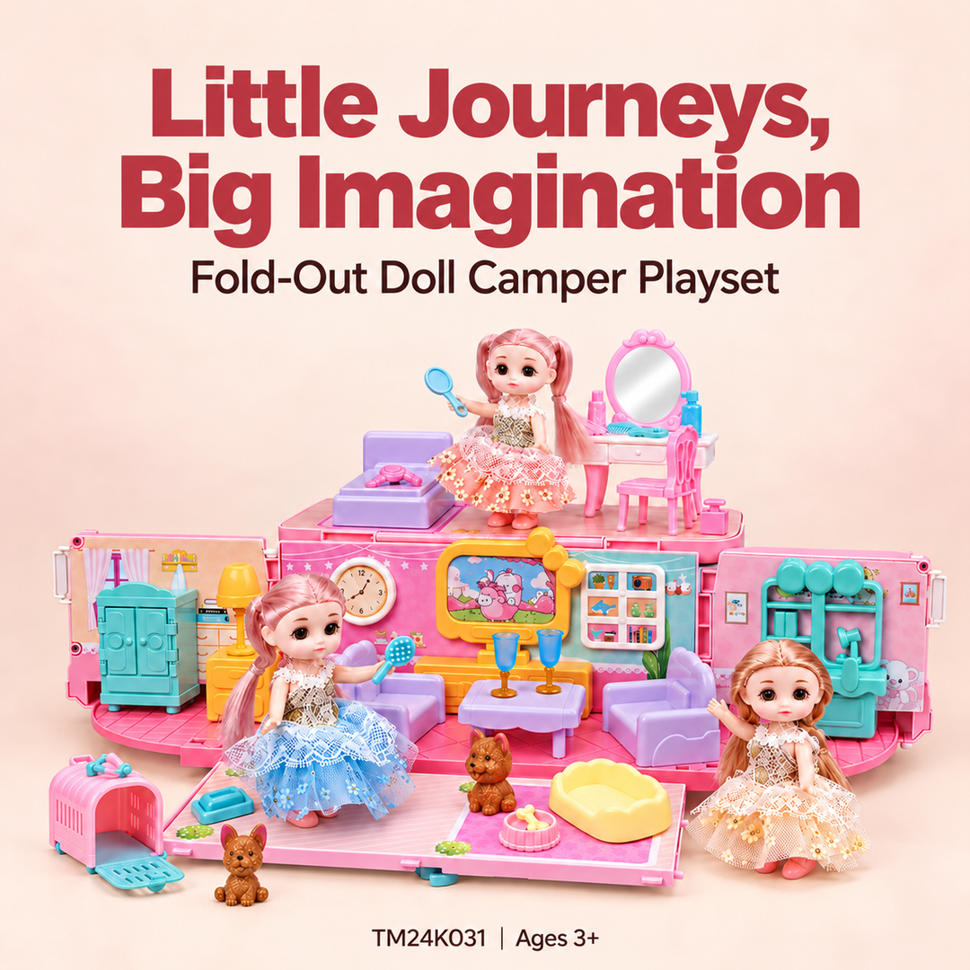Doll Camper Van Bus Playset Fold Out Dollhouse Furniture Carry Case (Set K031)