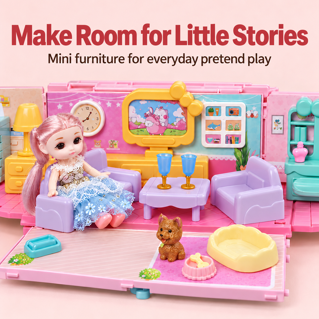 Doll Camper Van Bus Playset Fold Out Dollhouse Furniture Carry Case (Set K031)