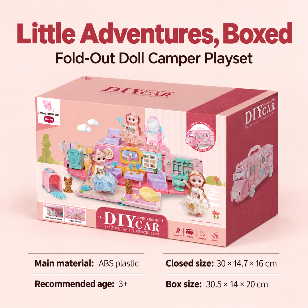 Doll Camper Van Bus Playset Fold Out Dollhouse Furniture Carry Case (Set K031)