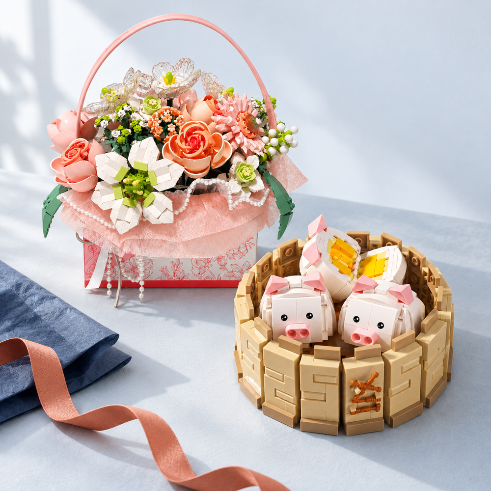 Flower basket and little pig building-block gifts on a gift-wrapping table